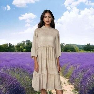 Women's Dress POLAGRAM Beige Smocked Tiered Midi Dress Rushed Sheer Boho Dress